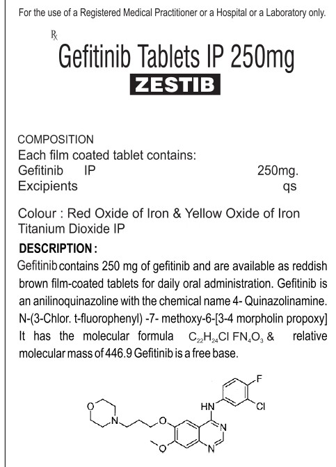 EACH FILM COATED TABLET CONTAINS:-GEFITINIB IP 250 MGEXCIPIENTS QSCOLOUR : RED OXIDE OF IRON,YELLOWOXIDE OF IRON, TITANIUM DIOXIDE IP